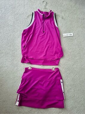 Lucky in Love Charger Zip Tank Top & Skort Mini Skirt Set Tennis Golf Hot Pink